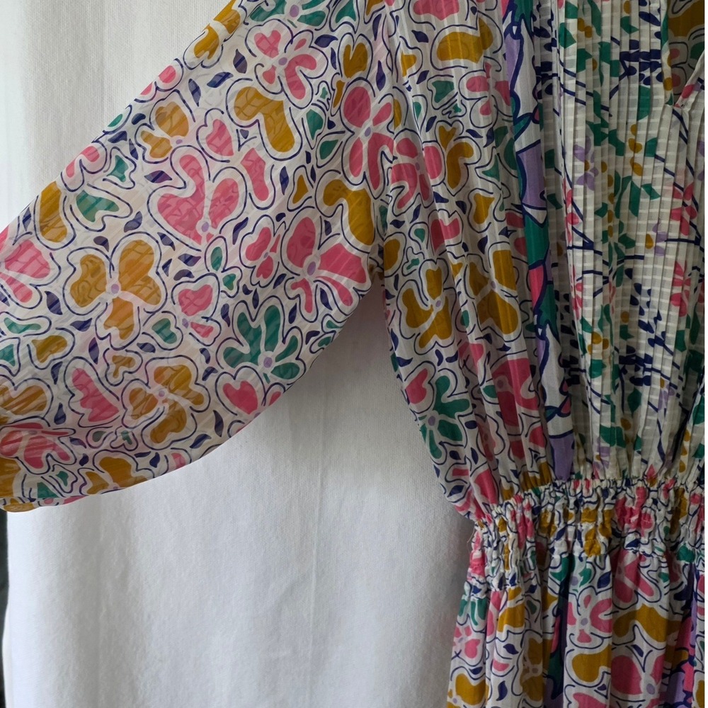 Vintage 80's Mosaic Floral Mixed Print Pleated Sheer Midi Dress Small Vivid Fun - Picture 3 of 14
